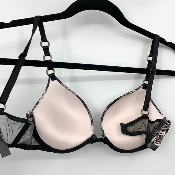Victoria's Secret Size 32C Bra Very Sexy Push Up Black White Satin Floral Wire - Picture 7 of 9